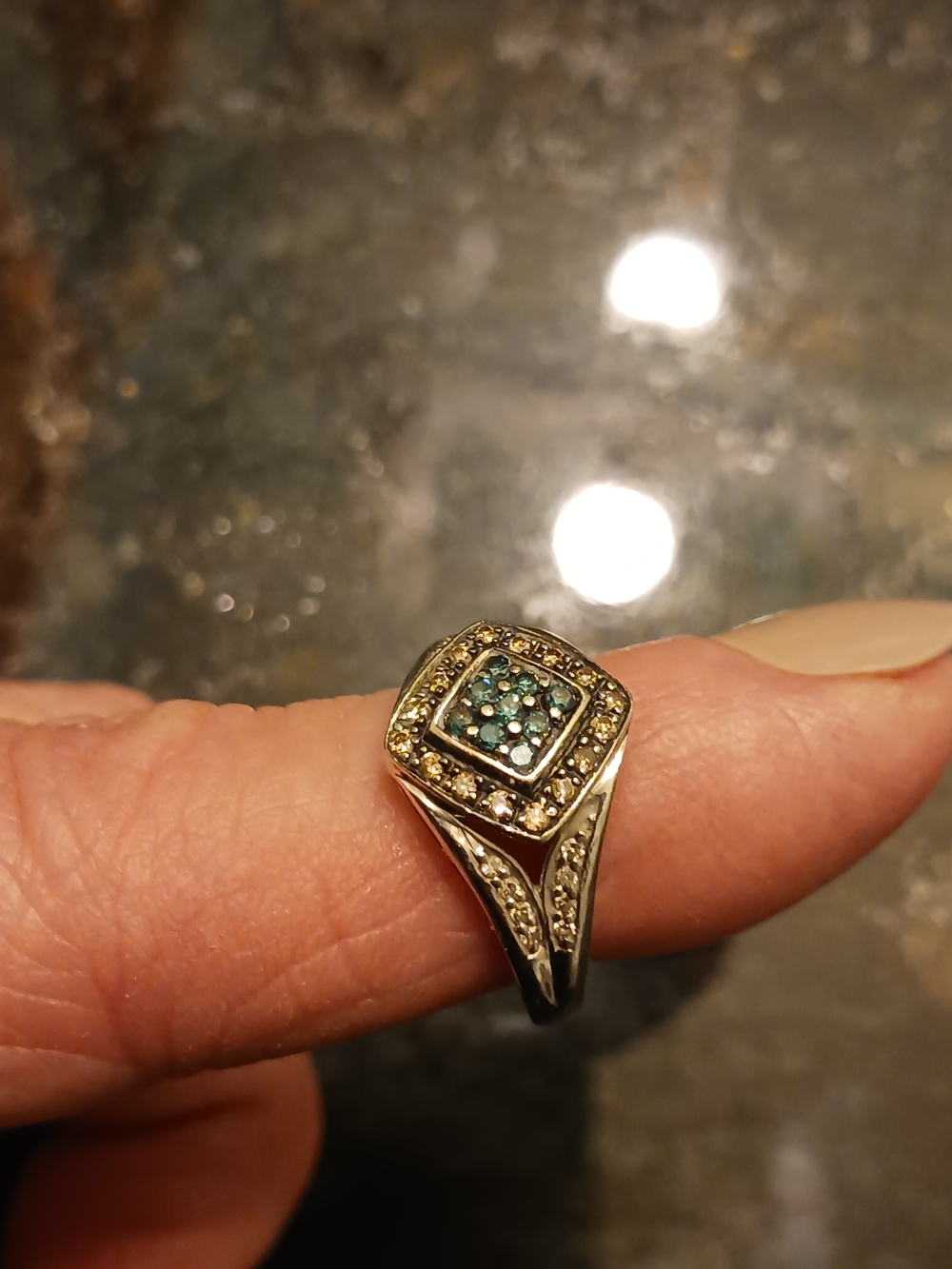 Vintage 1984 Sterling Silver Blue & White & Brown Diamond Ring.